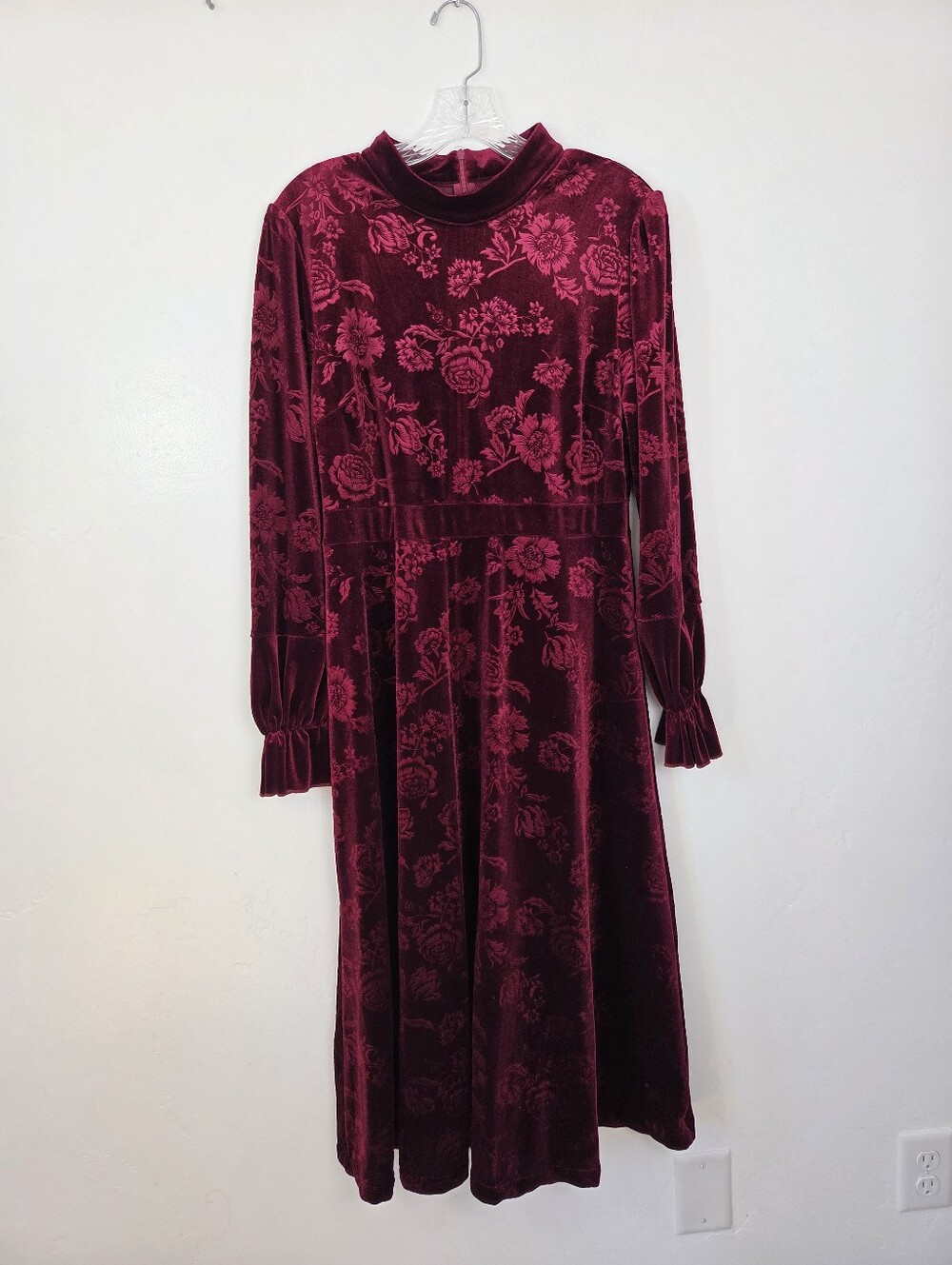 Velvet Floral Brocade Maxi Dress Burgundy Maroon Red Modest Church Wedding XL